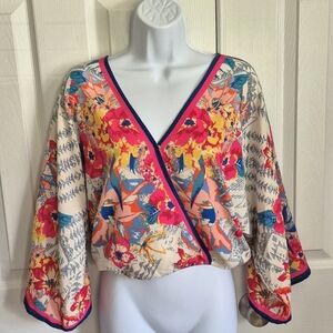 Flying Tomato Cropped Flowy Boho‎ Floral Wide Sleeve Top Womens Small